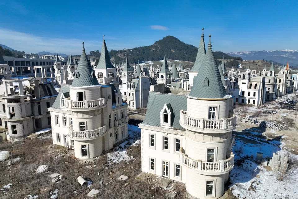 View of Burj al Babas, Turkey, abandoned development of French-style chateau homes.